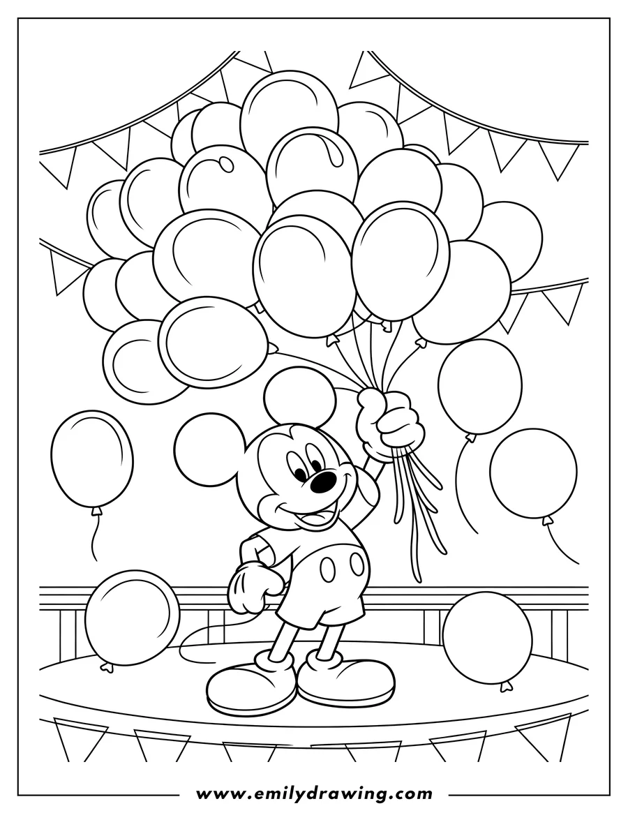 Line art of Mickey Mouse holding a large bunch of balloons on a stage decorated with festive bunting.