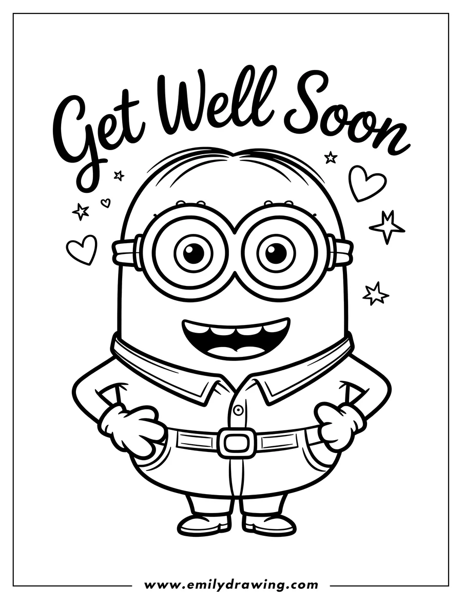 Line art of a Minion, hands on hips, with a 'Get Well Soon' message and decorative hearts and stars.