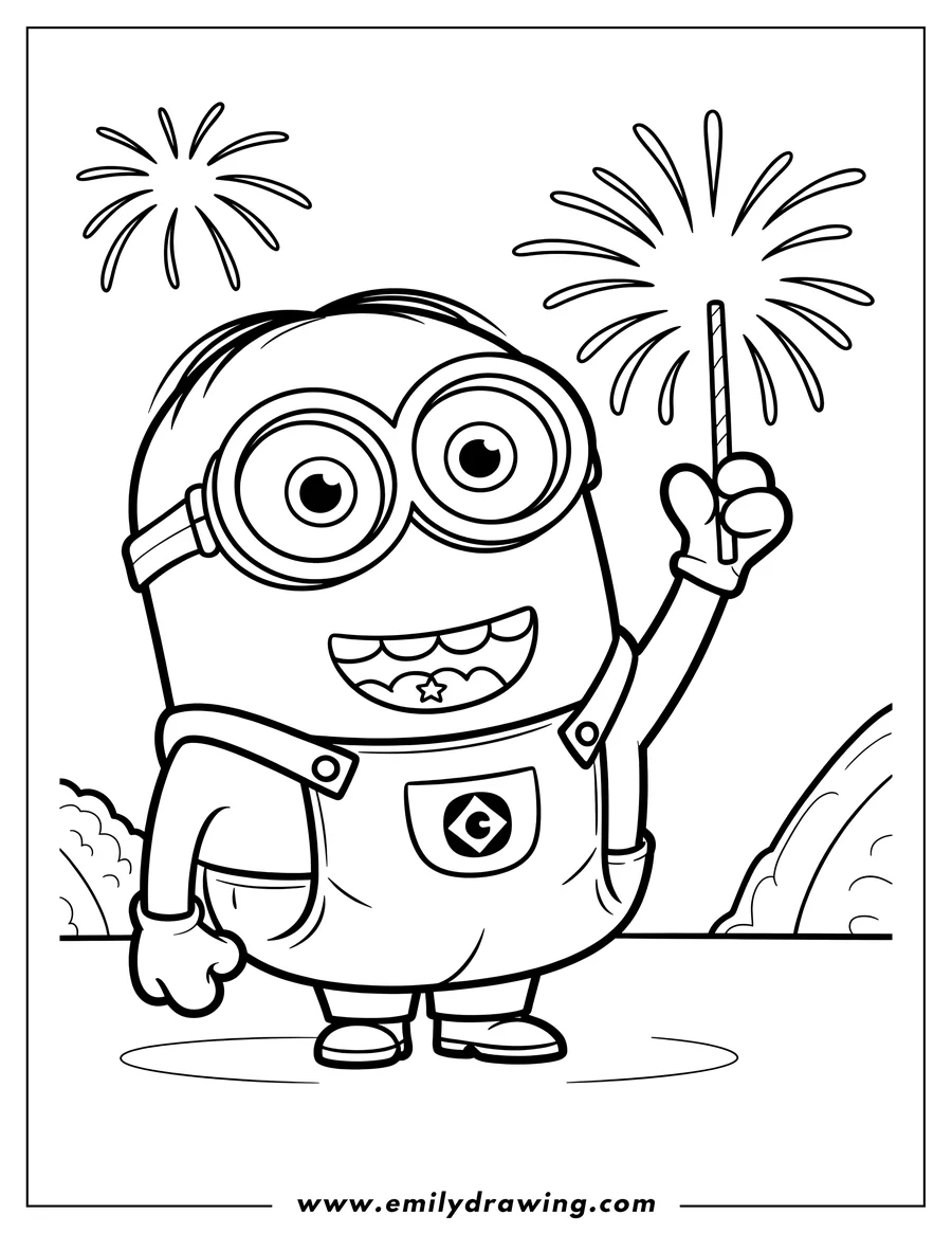 Outline of a minion holding a lit sparkler with fireworks in the background.