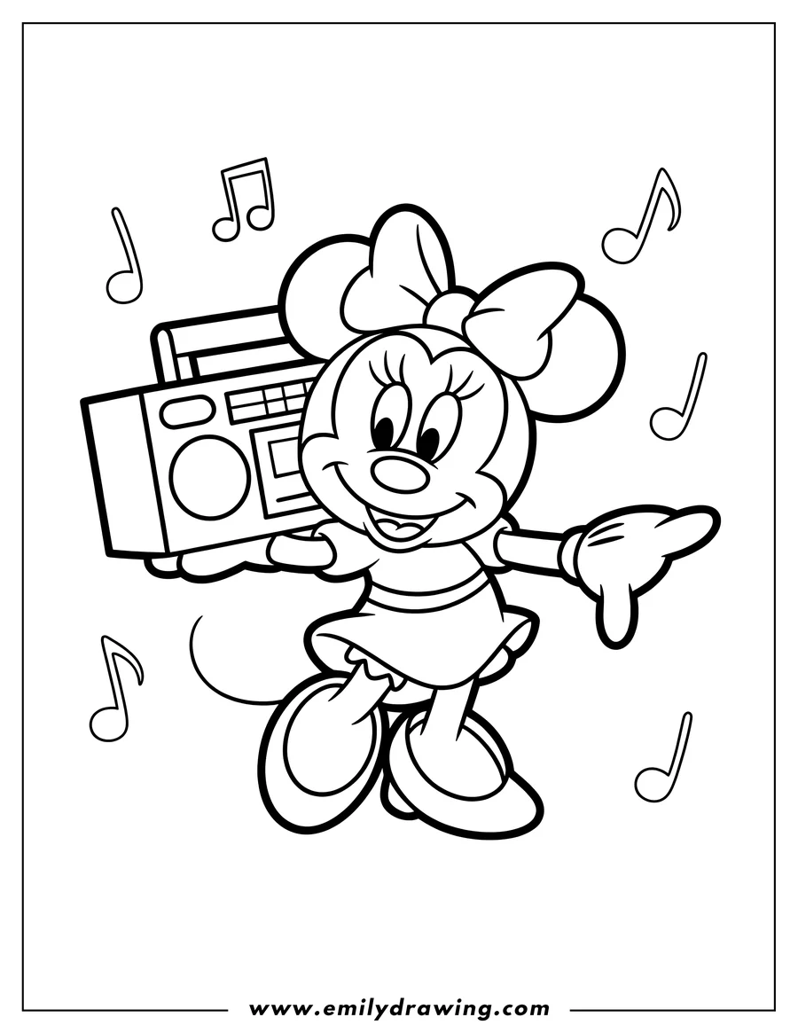 Outline of Minnie Mouse holding a boombox and dancing, surrounded by musical notes.