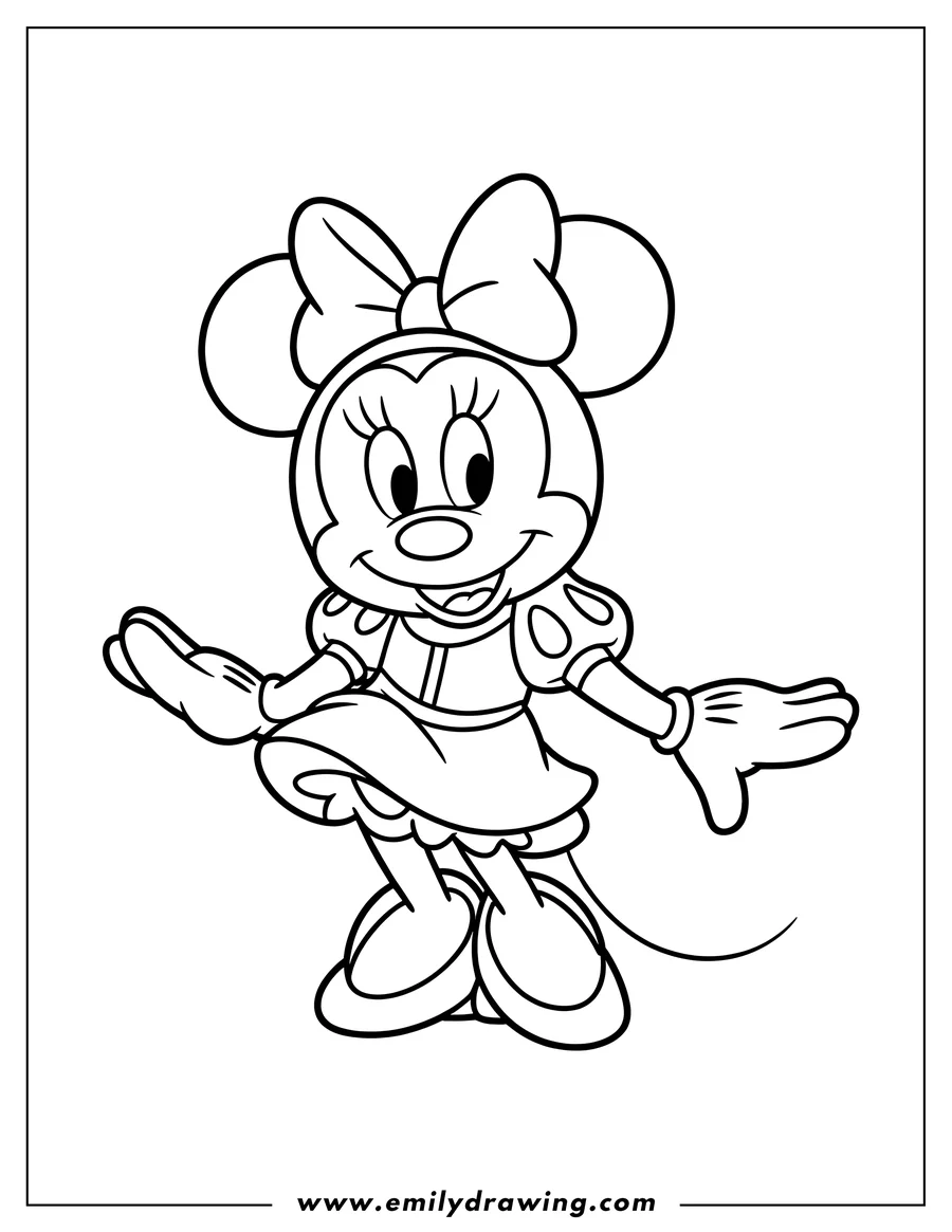 Outline of Minnie Mouse with a bow, wearing a dress and shoes, positioned as if dancing