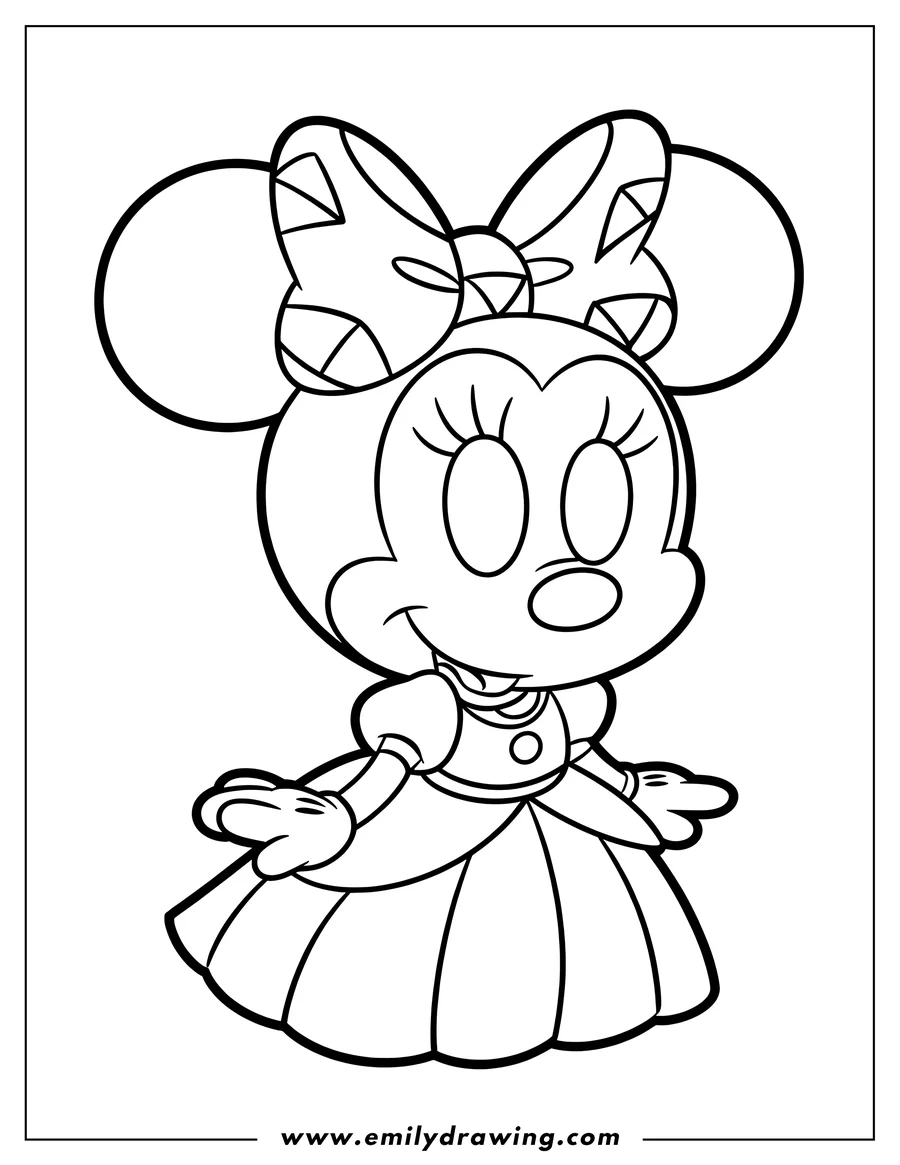 Outline of Minnie Mouse wearing a dress and a large bow.