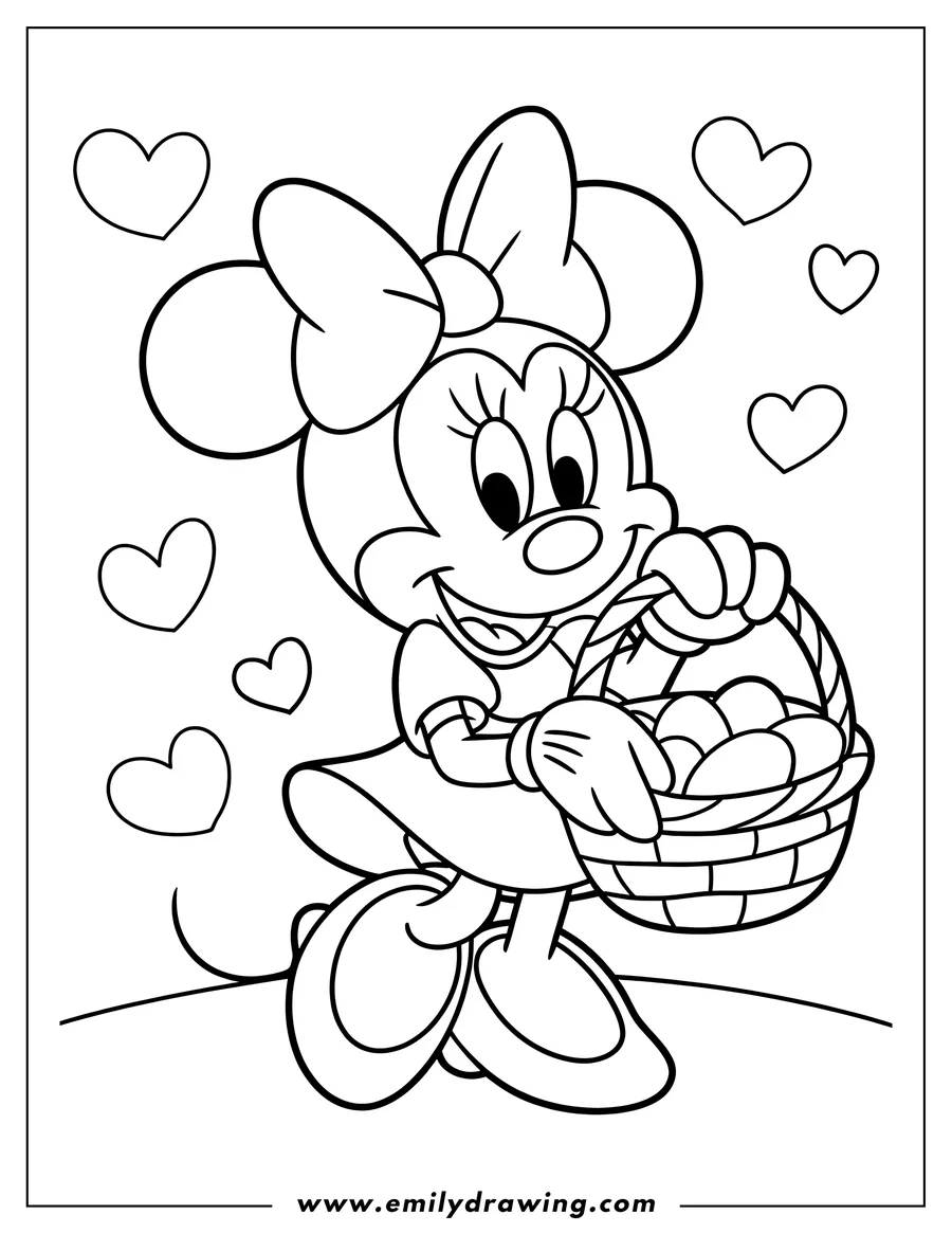 Line art of Minnie Mouse holding an Easter basket filled with eggs. She's wearing her signature bow and smiling.