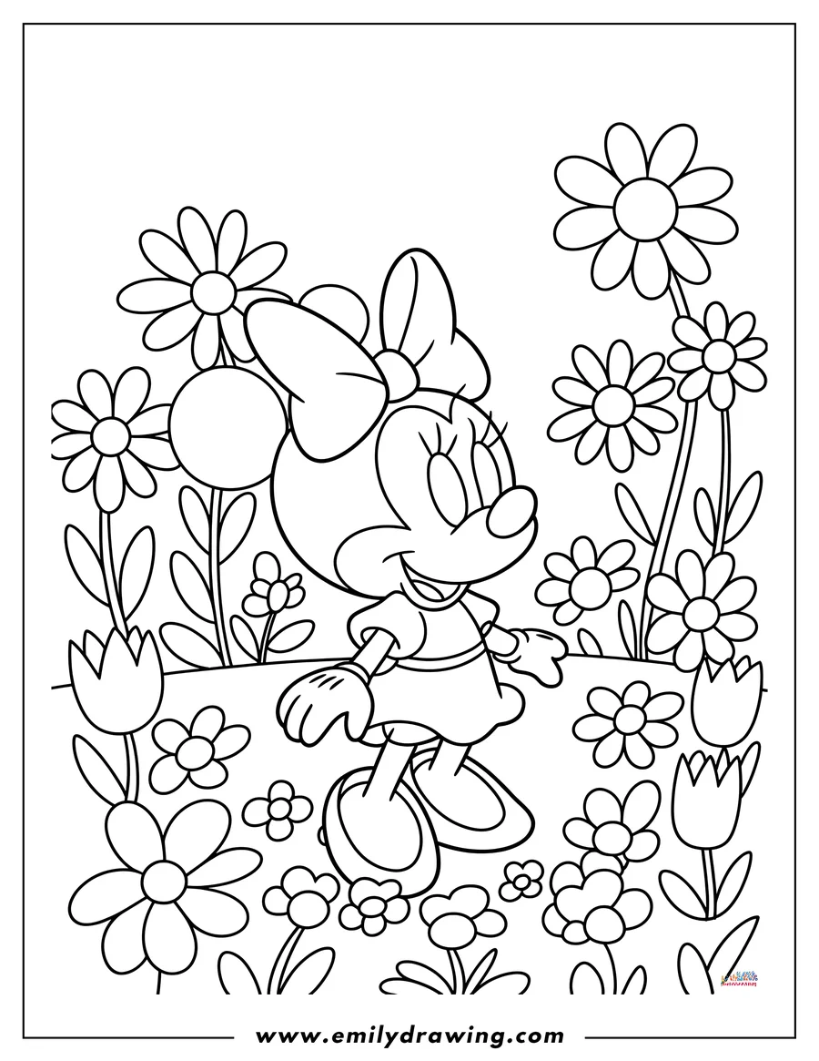 Outline of Minnie Mouse walking in a garden filled with daisies and tulips.