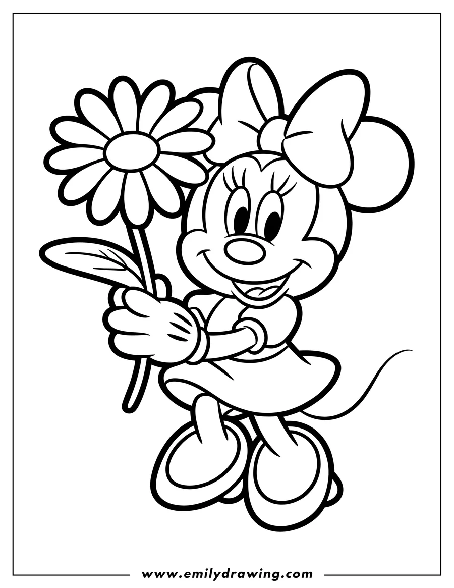 Line art of Minnie Mouse holding a large flower with a smile.