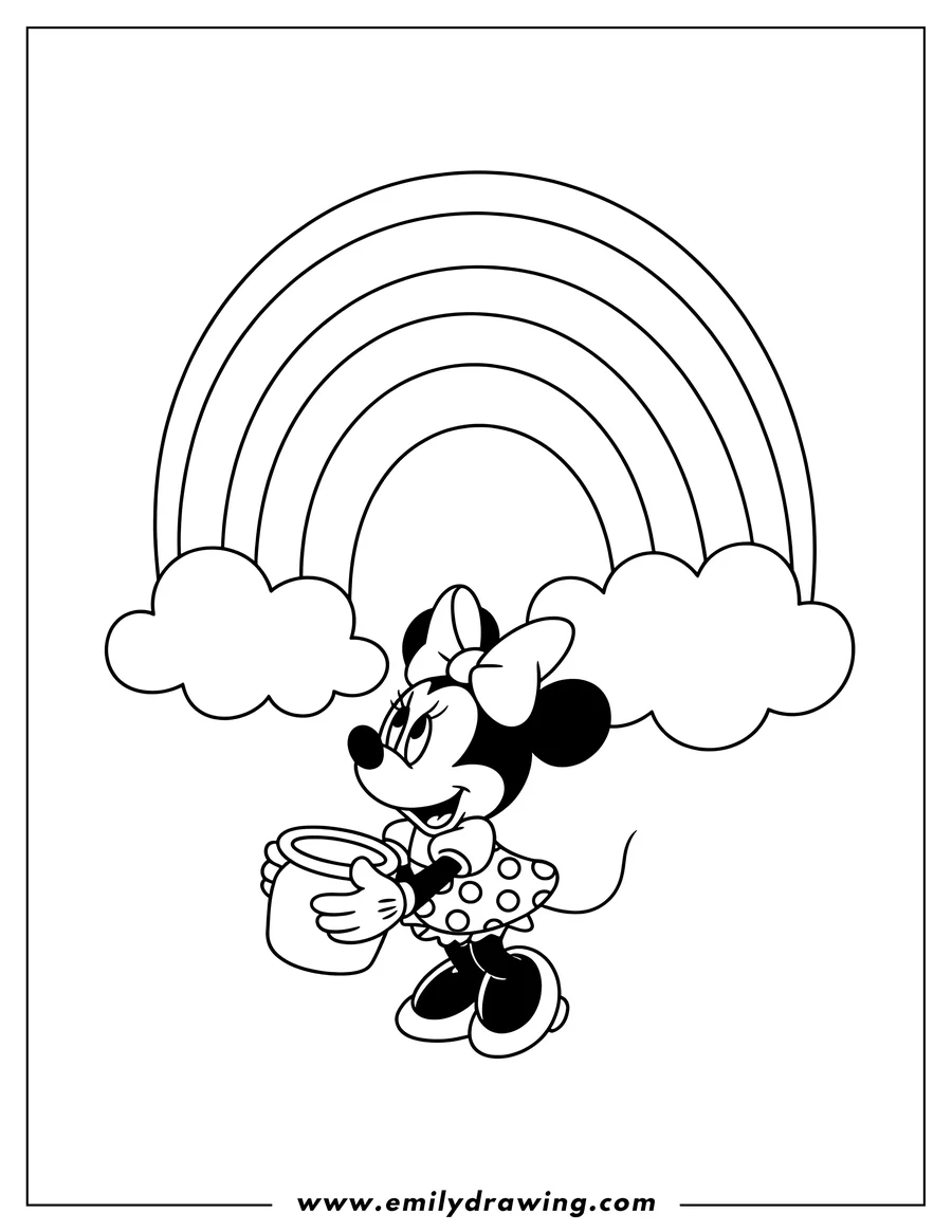 Line art of Minnie Mouse holding a honey pot with a rainbow and clouds in the background.