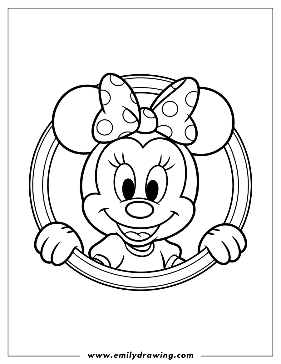 Line art of Minnie Mouse peeking through a circle frame. She's wearing her signature polka dot bow and smiling.