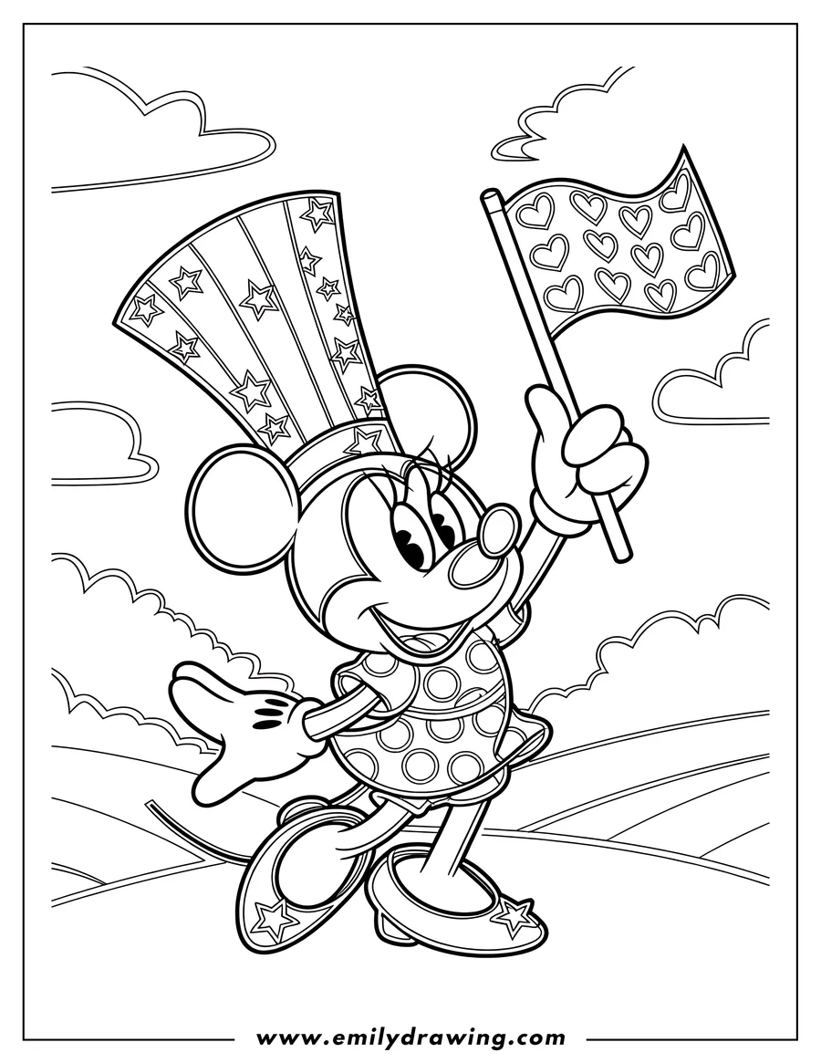 Outline of Minnie Mouse holding an Independence Day flag with hearts. She's wearing a patriotic hat and smiling.