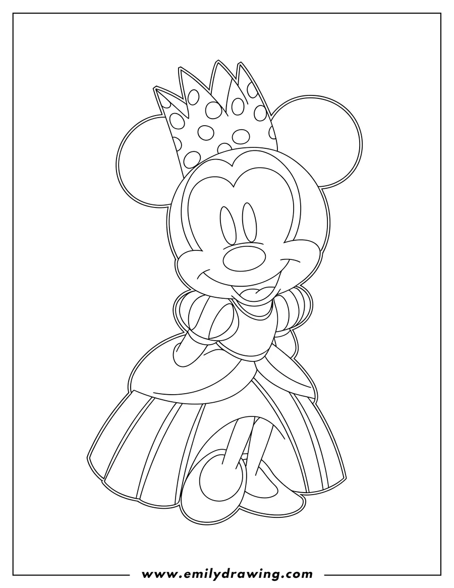 Outline of Minnie Mouse wearing a princess dress and crown.