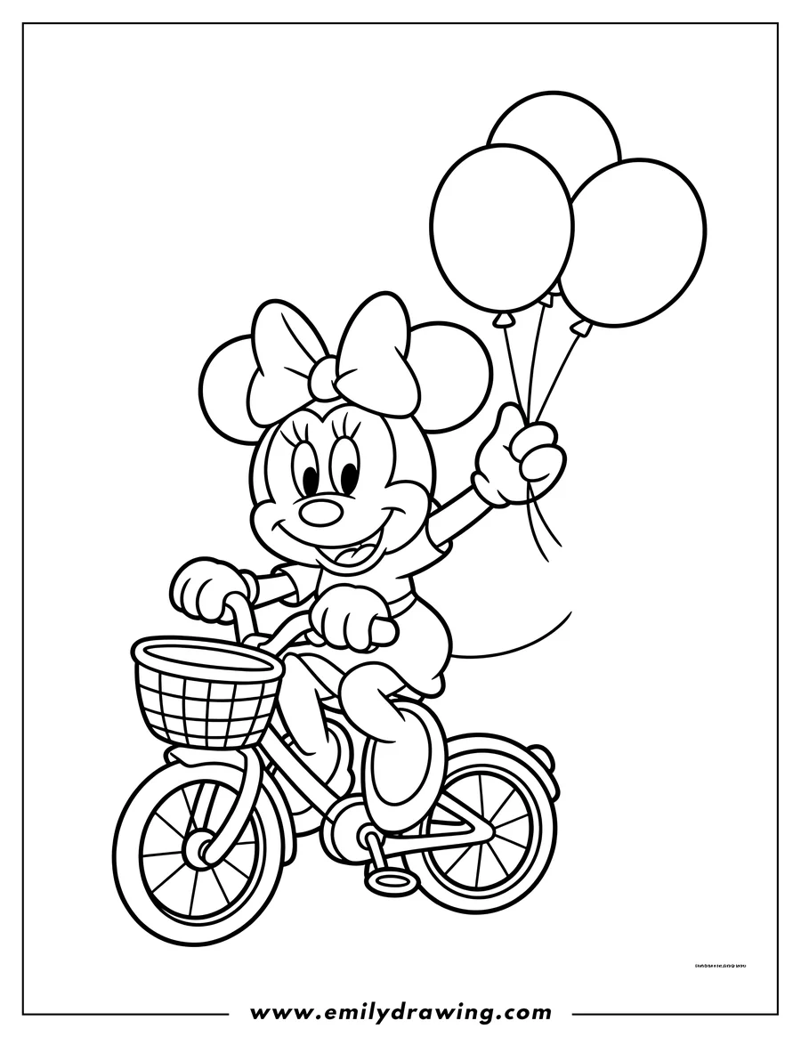 Outline of Minnie Mouse riding a bicycle while holding balloons. She has a bow on her head and the bike has a basket.