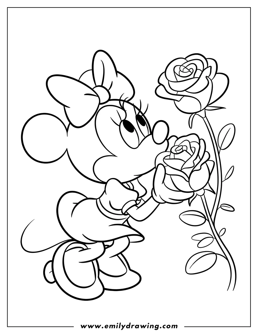 Line art of Minnie Mouse gently holding and smelling a rose.
