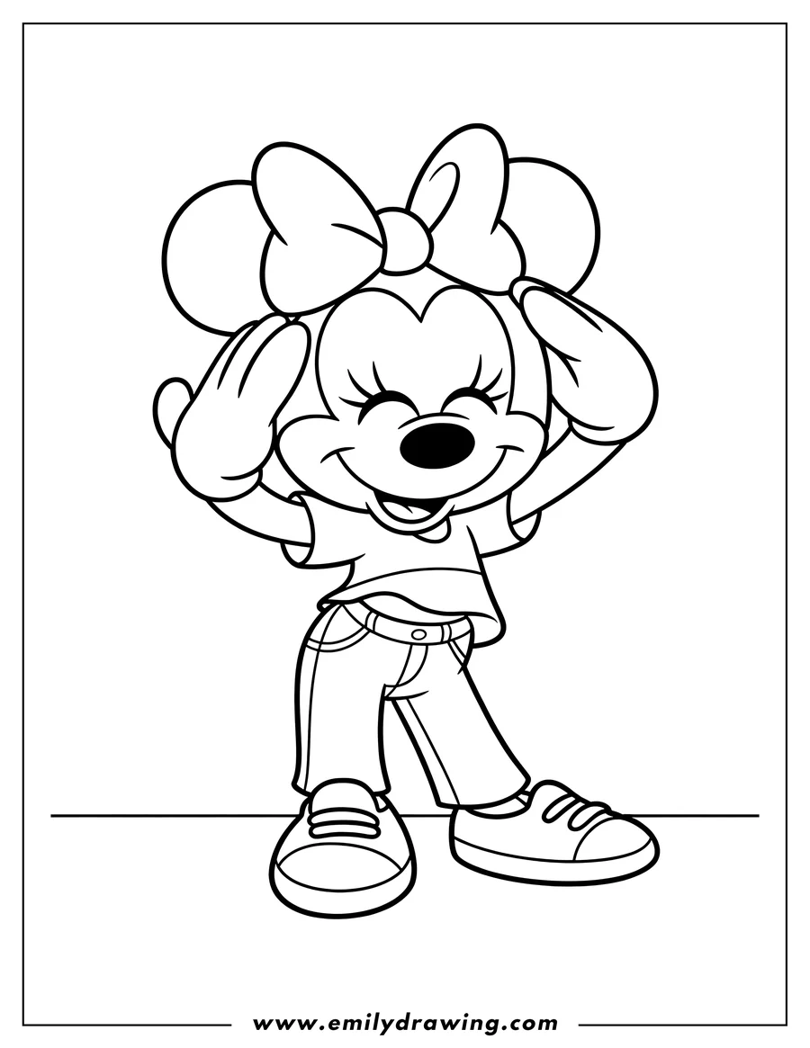 Outline of Minnie Mouse standing, wearing a bow, shirt, jeans, and shoes.  She looks happy and ready to move.