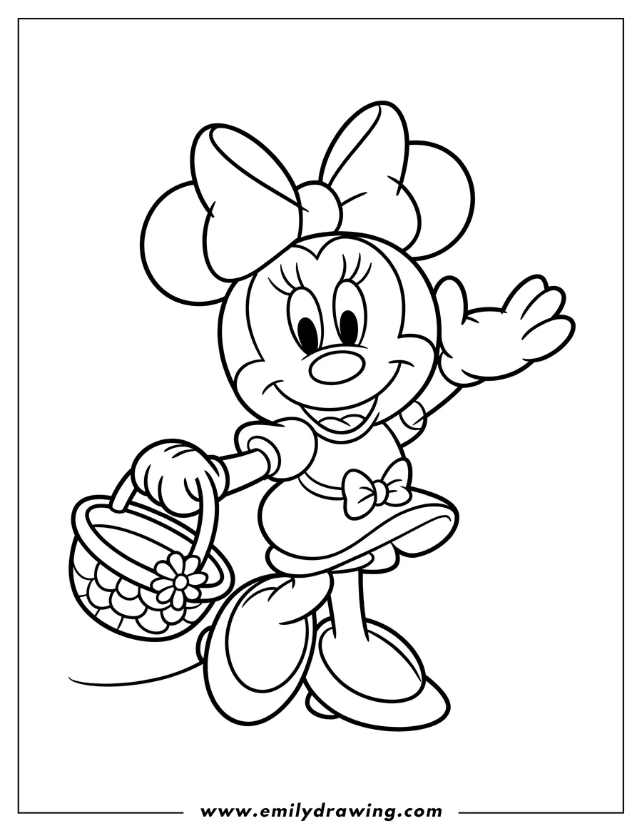 Outline of Minnie Mouse holding a basket with a flower in it. She's wearing a bow and smiling, and she's waving.