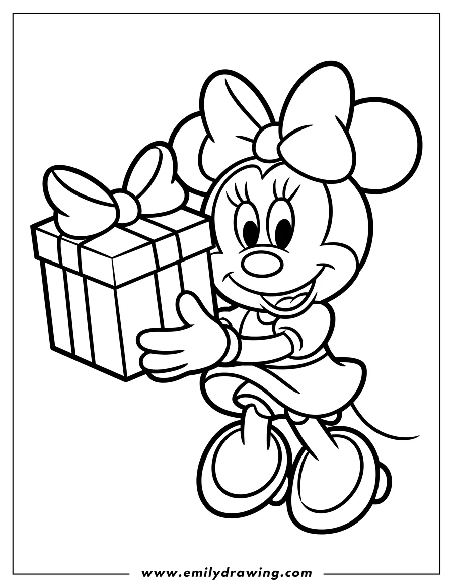 Line art of Minnie Mouse holding a large present wrapped with a bow. She is smiling and appears to be riding a tricycle.