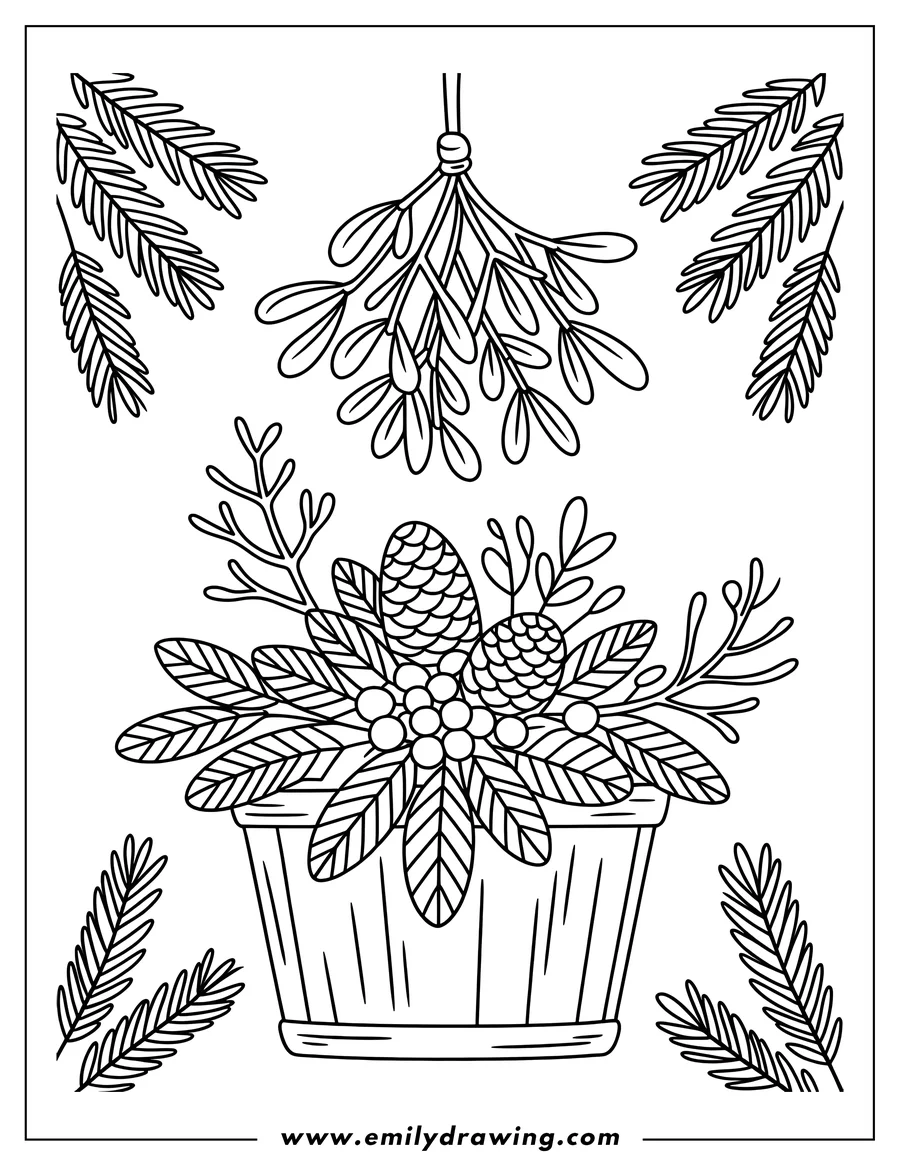 Line art of mistletoe hanging above a wooden basket filled with pine cones, berries, and pine branches.
