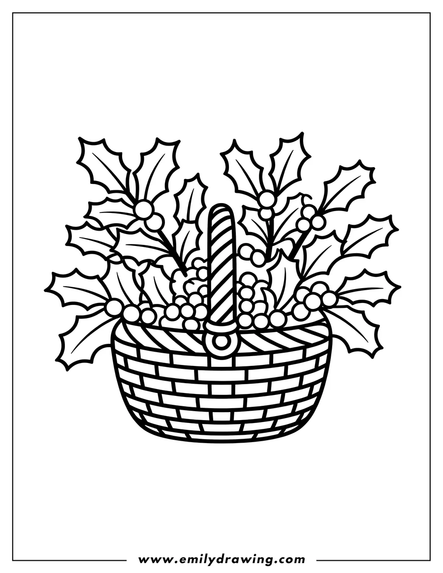 Line art of a basket filled with mistletoe and holly sprigs with berries.