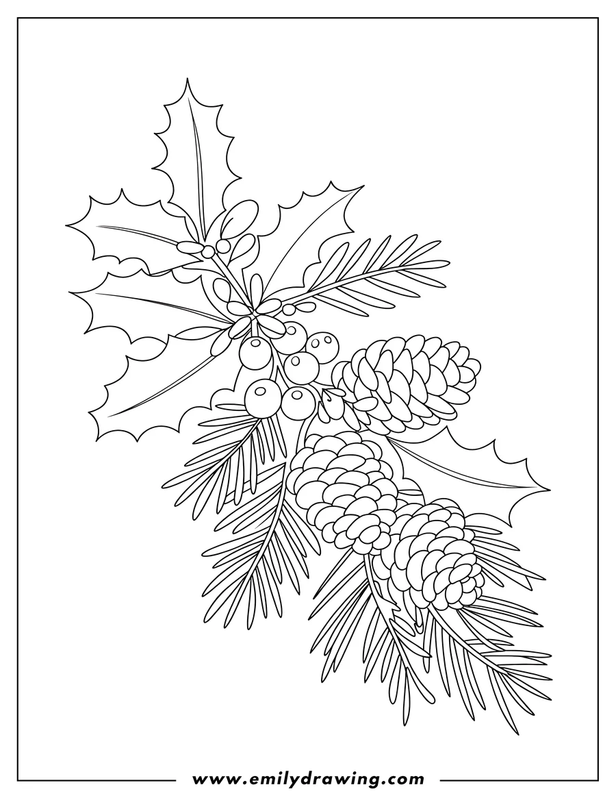 Outline of a mistletoe and pine sprig with berries and pine cones.