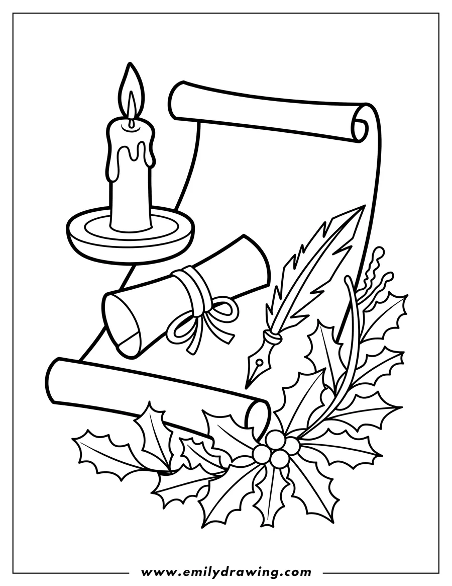 Line art of a lit candle, tied scroll, feather quill, open scroll, and mistletoe sprigs with berries.