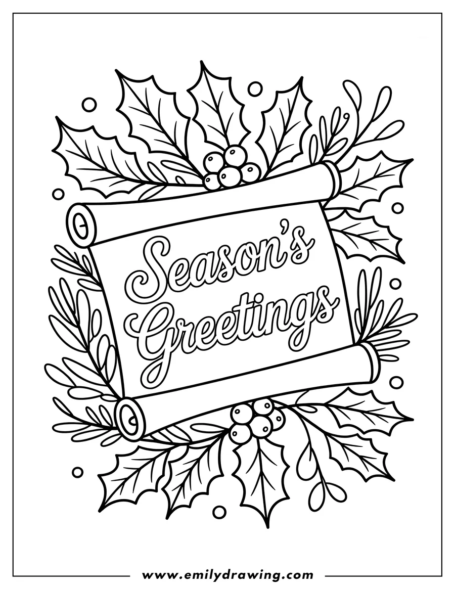 Line art of holly leaves, berries, and a scroll with the words 