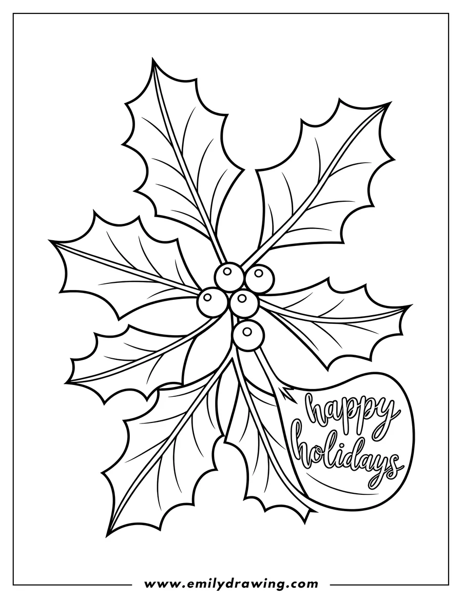 Line art of a mistletoe sprig with berries and a 'Happy Holidays' message.