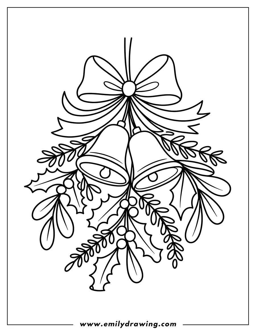 Line art of mistletoe hanging with bells and a decorative bow. Holly leaves and berries surround the bells.