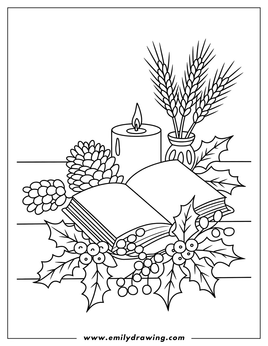 Line art of mistletoe, holly berries, wheat stalks in a vase, a lit candle, pine cones, and an open book arranged on a wooden surface.