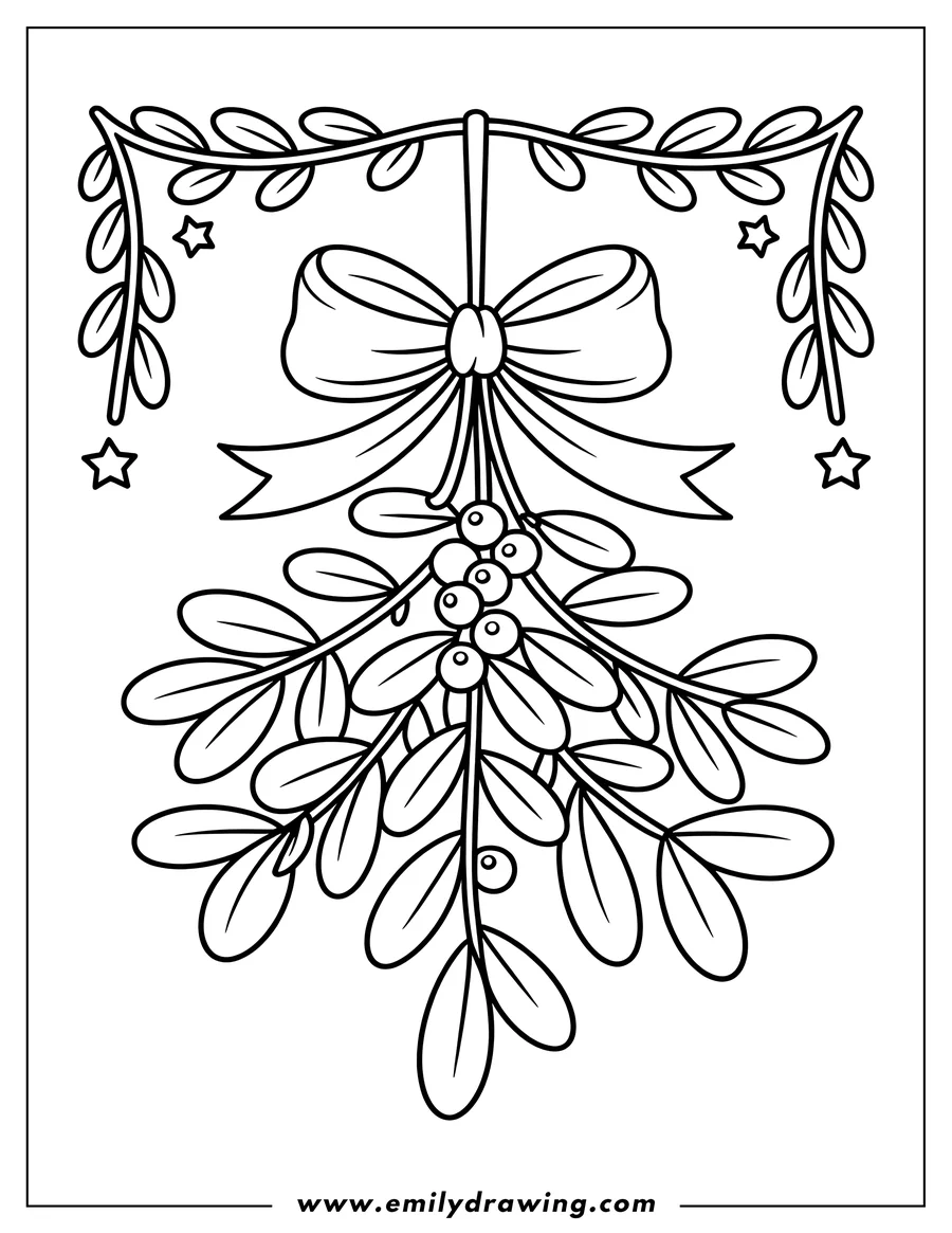 Line art of mistletoe hanging from a ribbon tied with a bow.  Small stars and leafy branches decorate the top.