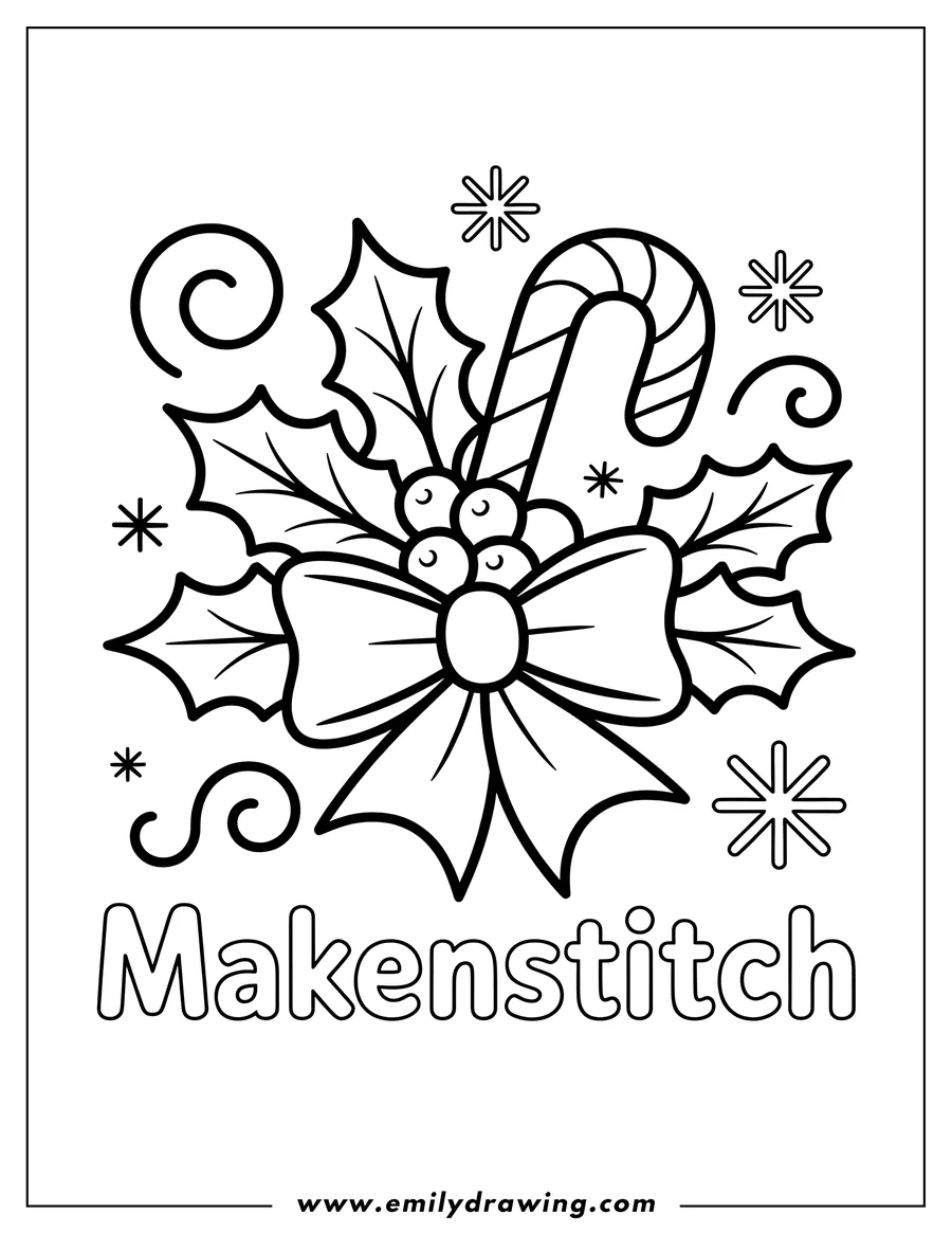Outline of mistletoe with a candy cane and a bow, decorated with holly leaves and berries.