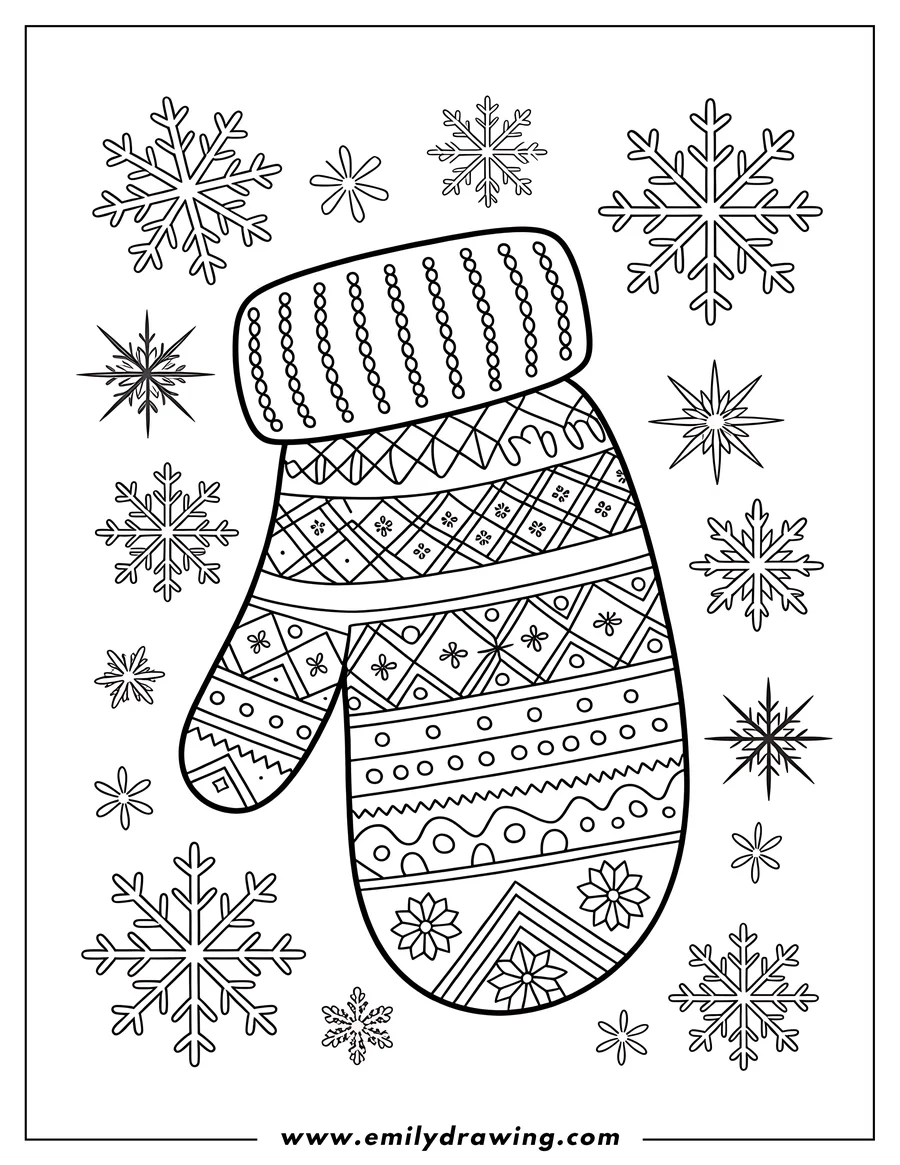 Outline of a patterned mitten surrounded by snowflakes.