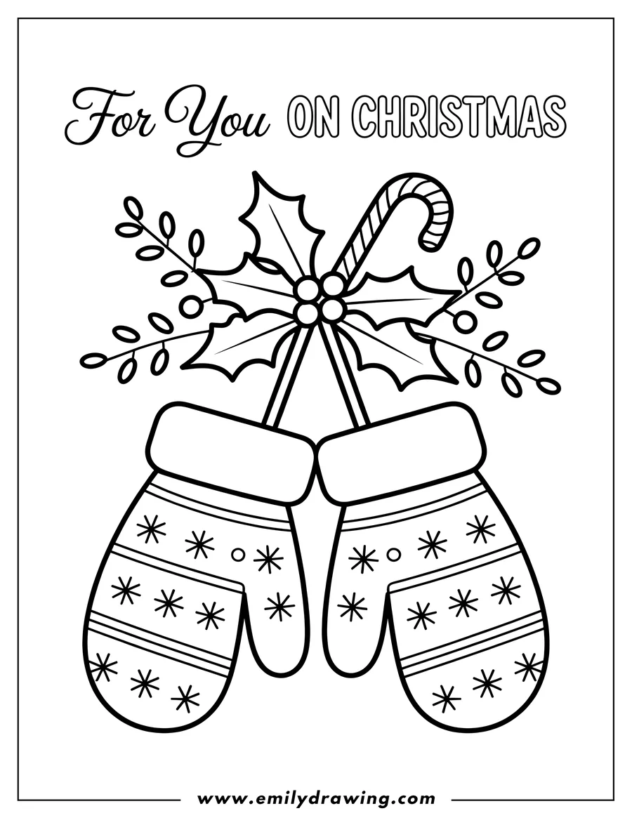 Outline of two mittens decorated with snowflakes and circles.  Holly leaves, berries, and a candy cane are tucked between the mittens.