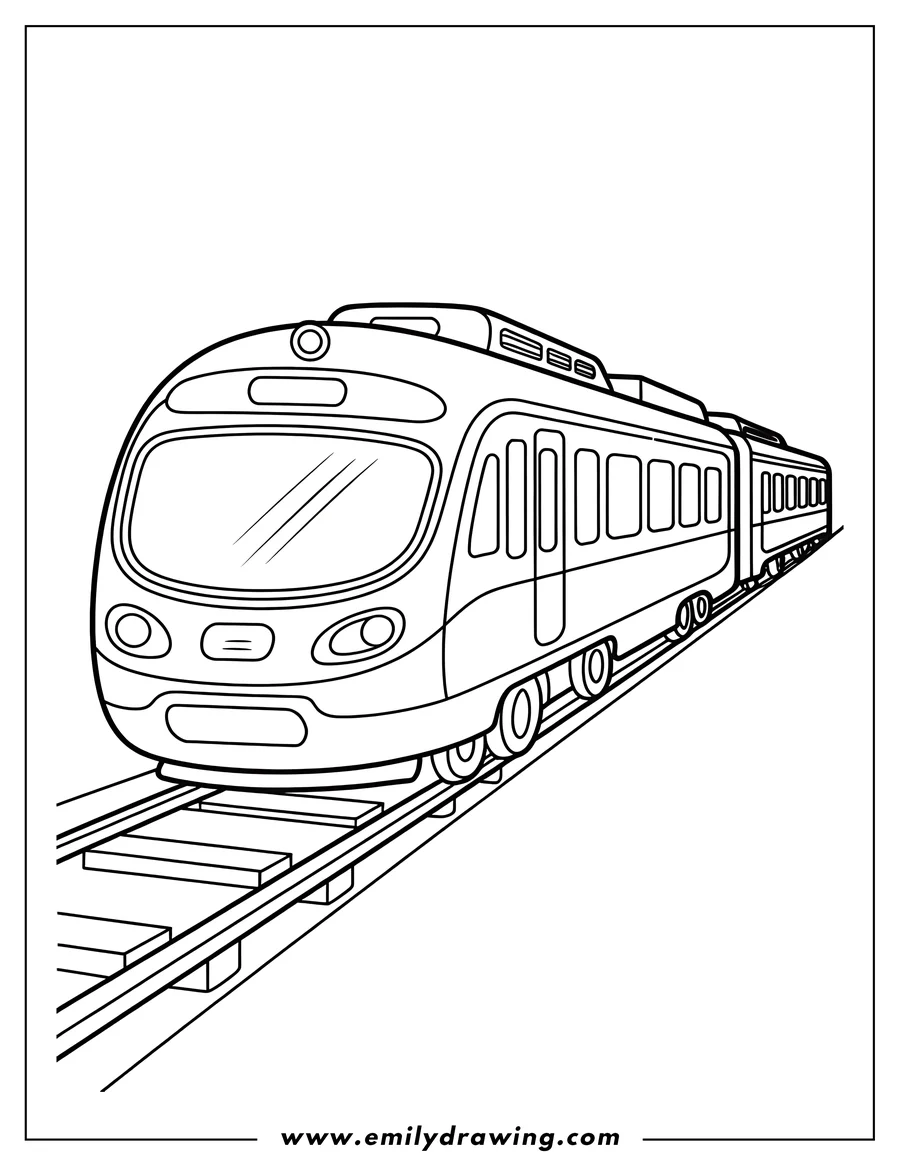 Outline of a modern passenger train traveling on railway tracks.