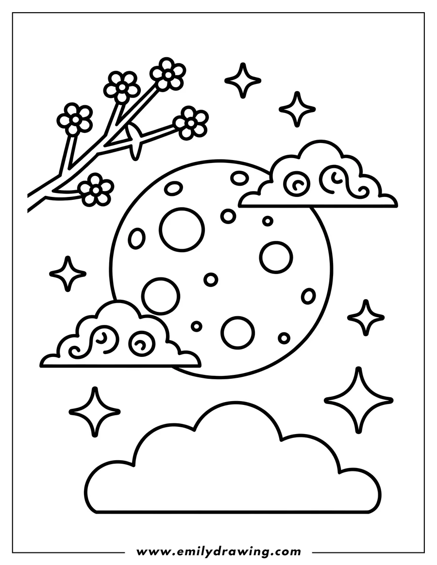 Outline of the moon with craters, surrounded by clouds and stars.