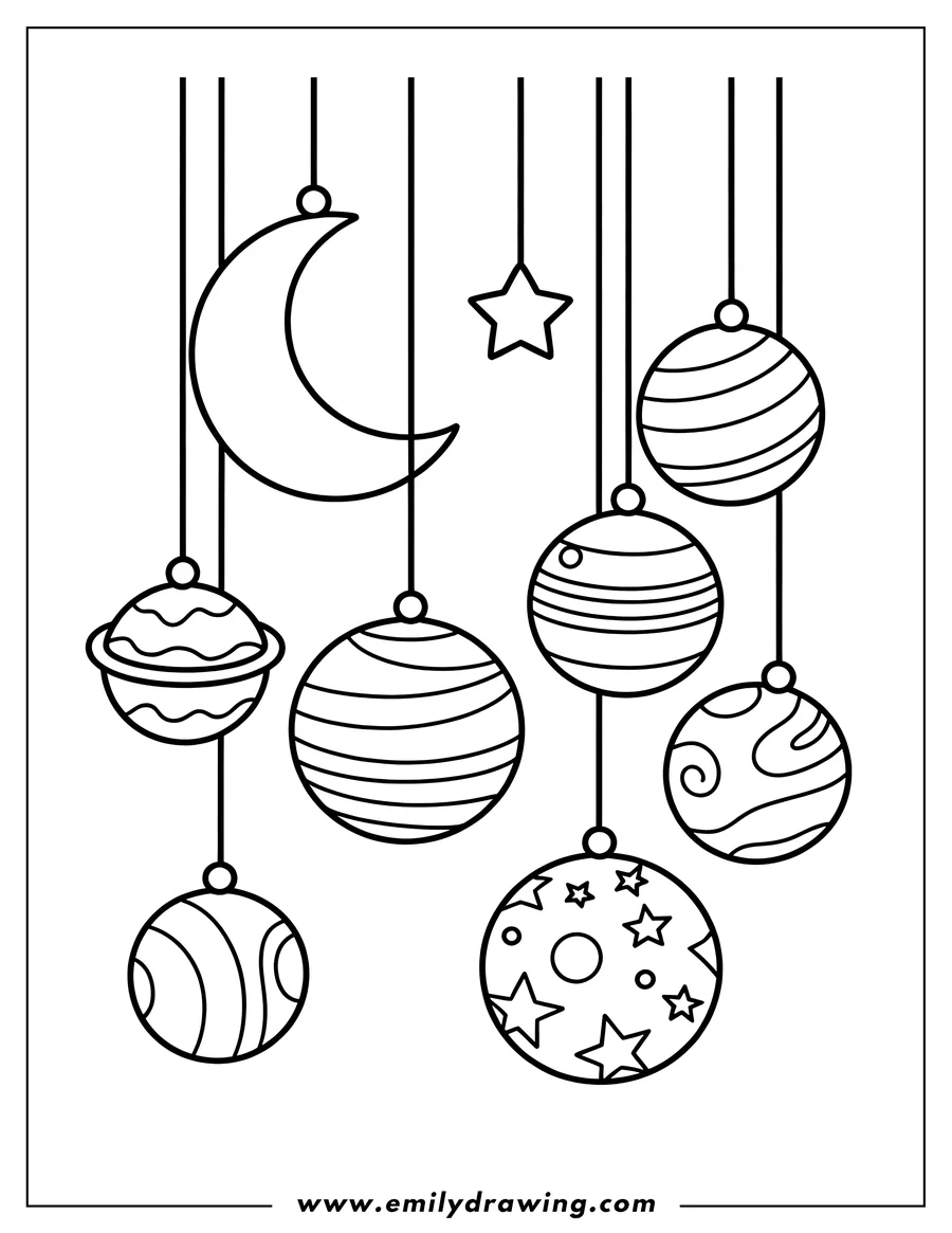Line art of a crescent moon, star, and various patterned planets hanging from strings.