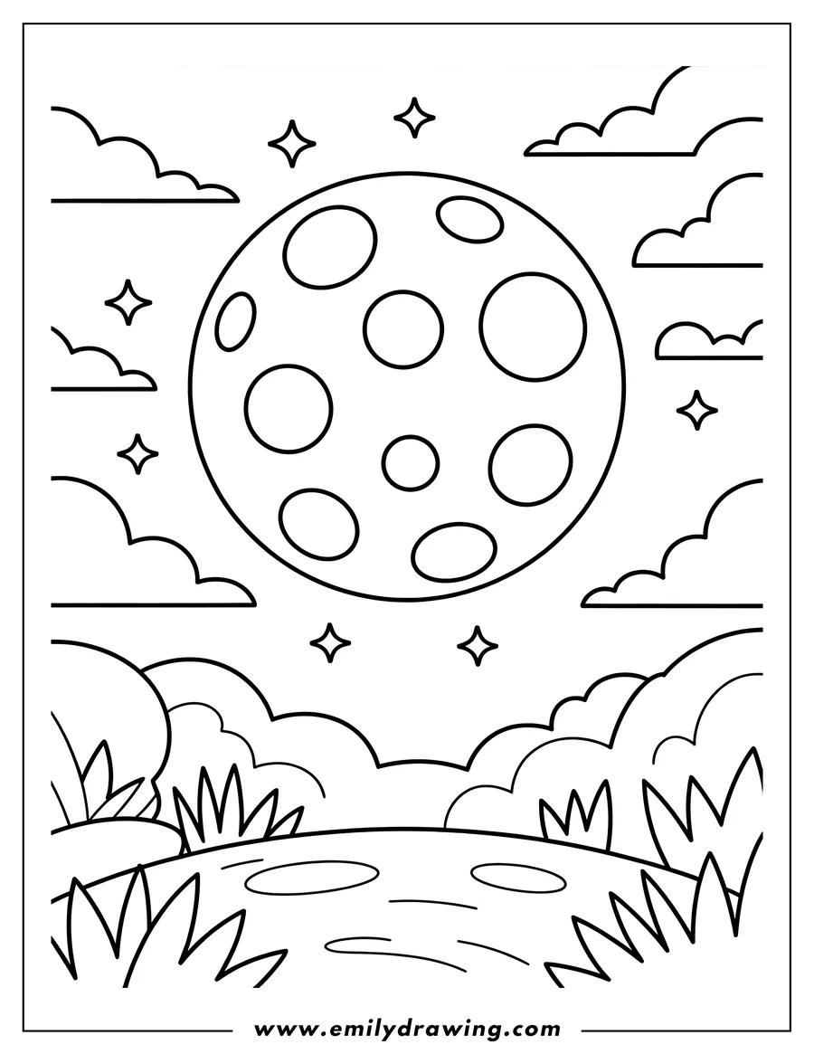 Outline of the moon shining over a pond with grass and clouds