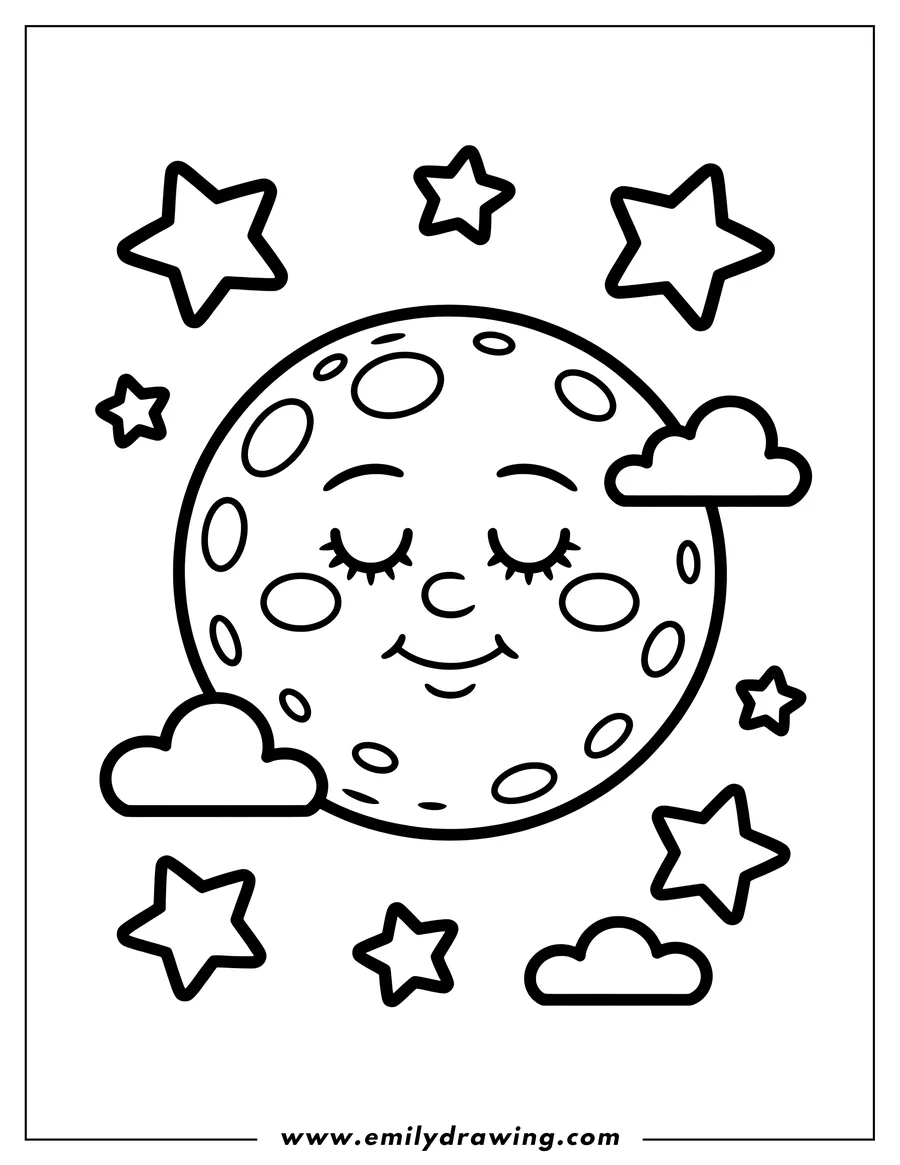 Line art of a crescent moon with a peaceful face, surrounded by stars and fluffy clouds.