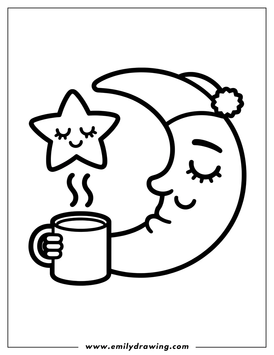 Line art of a crescent moon wearing a nightcap and holding a steaming mug, with a sleepy star nearby.
