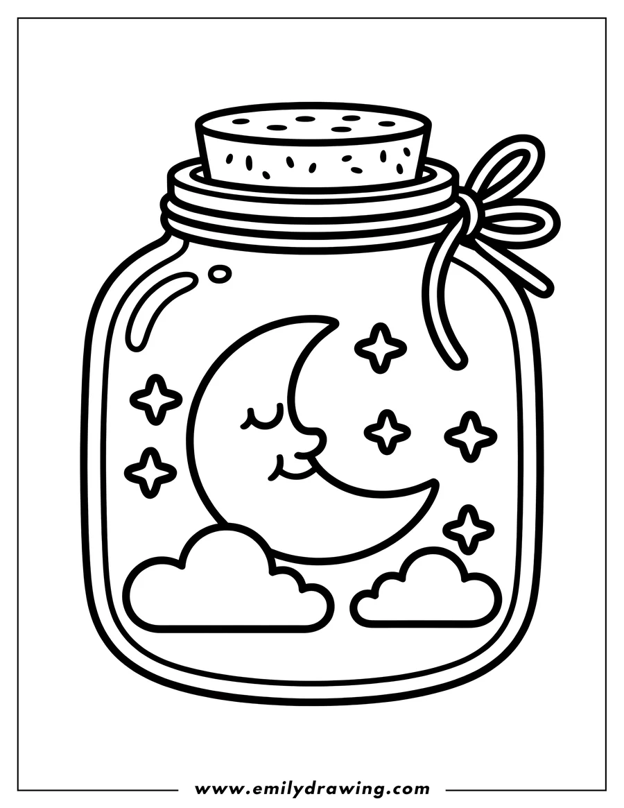 Outline of a crescent moon with a face, clouds, and stars inside a jar with a cork lid.