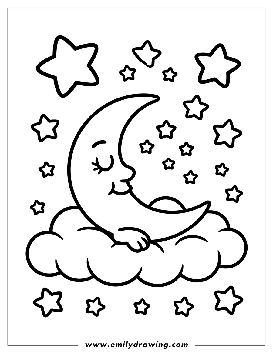 Outline of a crescent moon resting on a cloud, surrounded by stars.