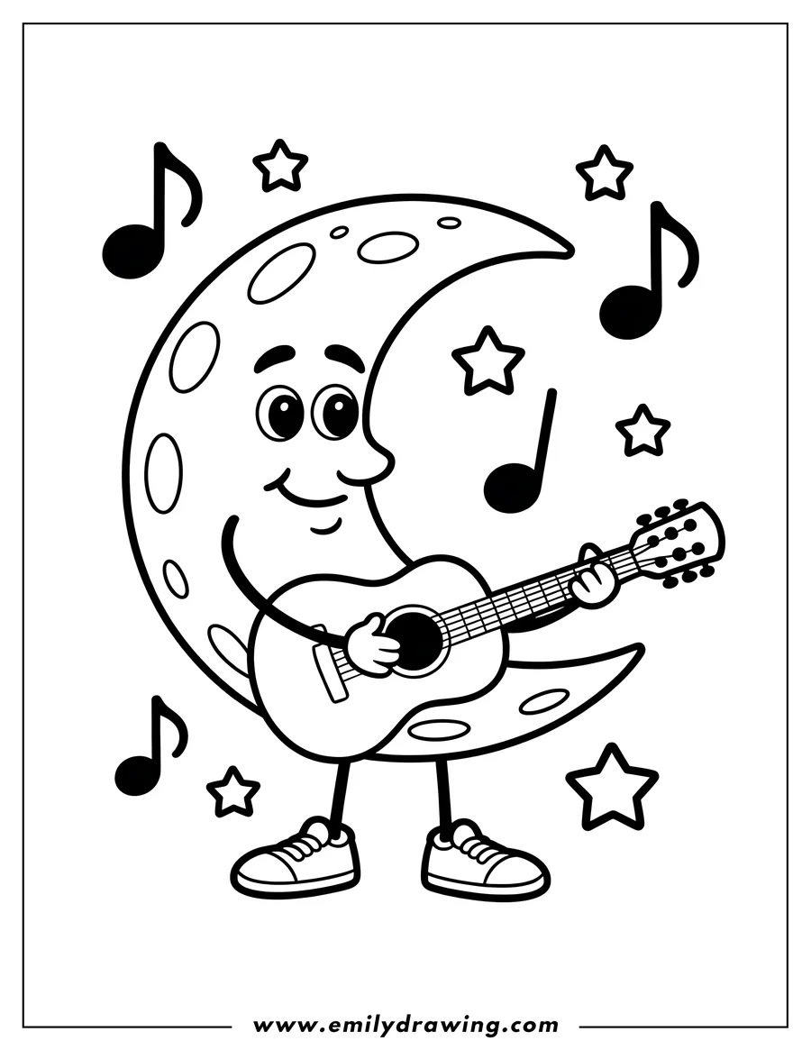 Line art of a cheerful crescent moon playing a guitar, surrounded by stars and musical notes.