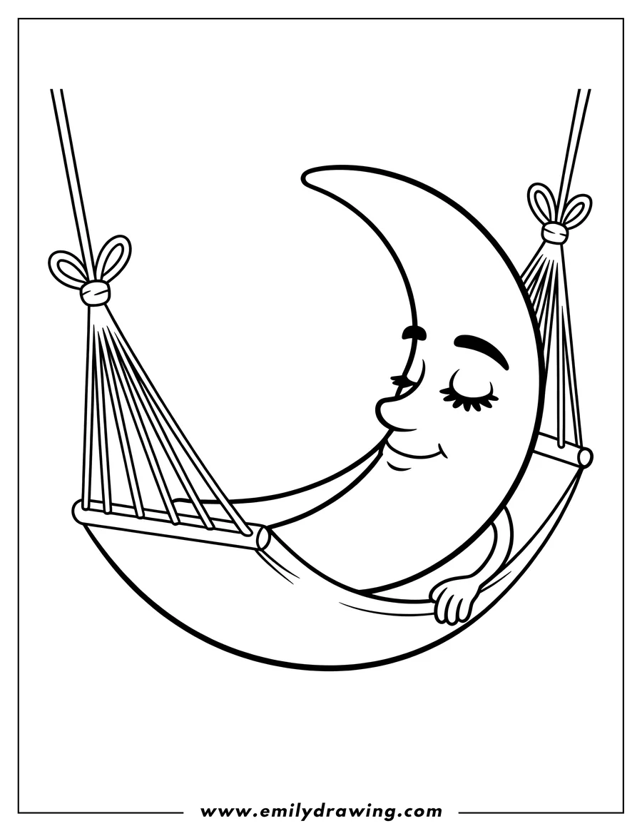 Line art of a crescent moon relaxing in a hammock, eyes closed peacefully.