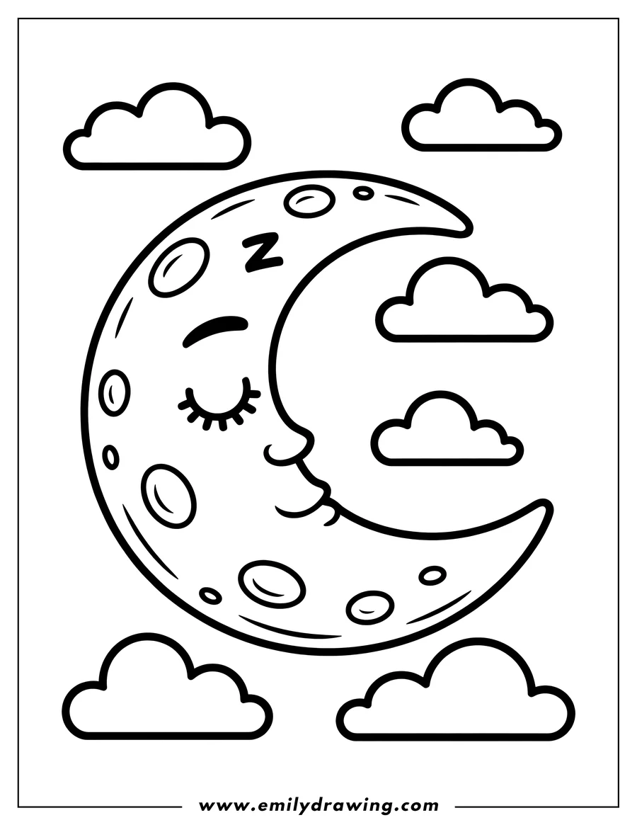 Line art of a crescent moon sleeping peacefully amongst fluffy clouds.