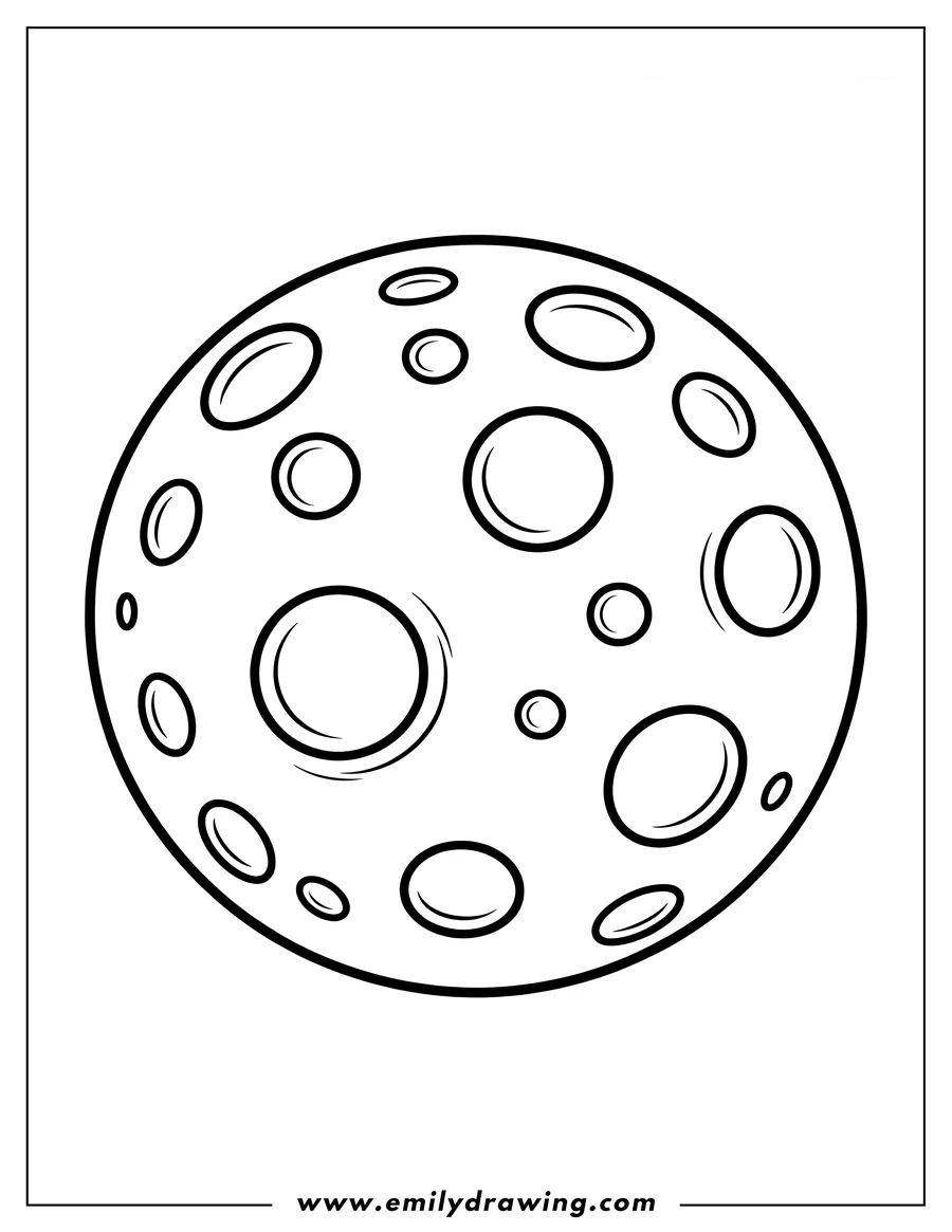 Line art of the moon with many craters, ready to be colored.