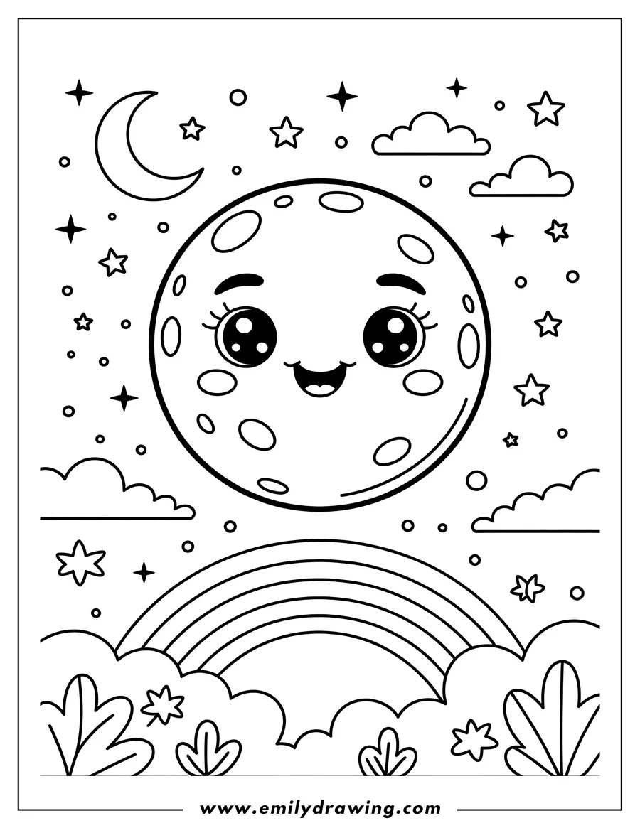 Line art of a smiling moon with a rainbow below and stars and clouds around it.