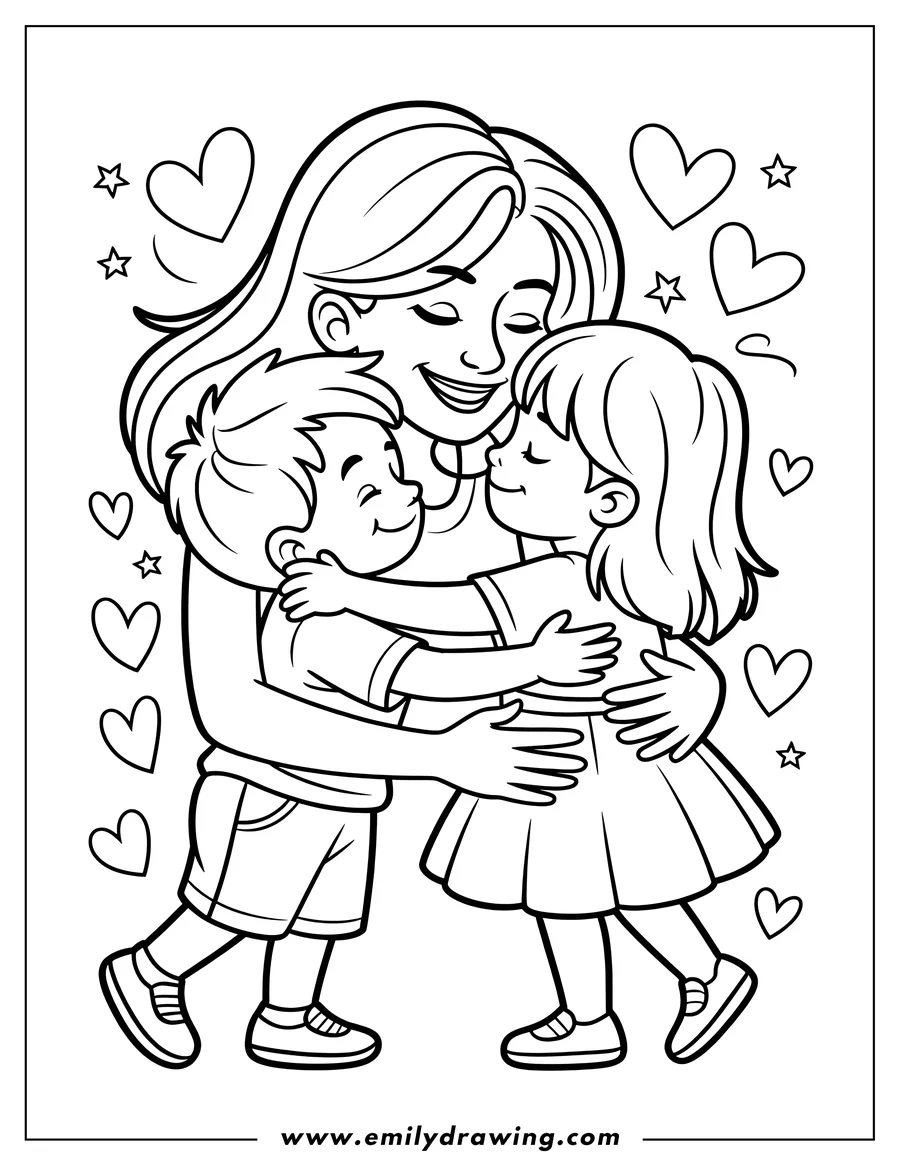 Outline of a mother hugging her son and daughter, surrounded by little hearts
