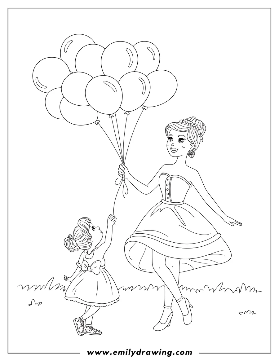 Outline of a mother and daughter holding a bunch of balloons. They're wearing pretty dresses and look happy.