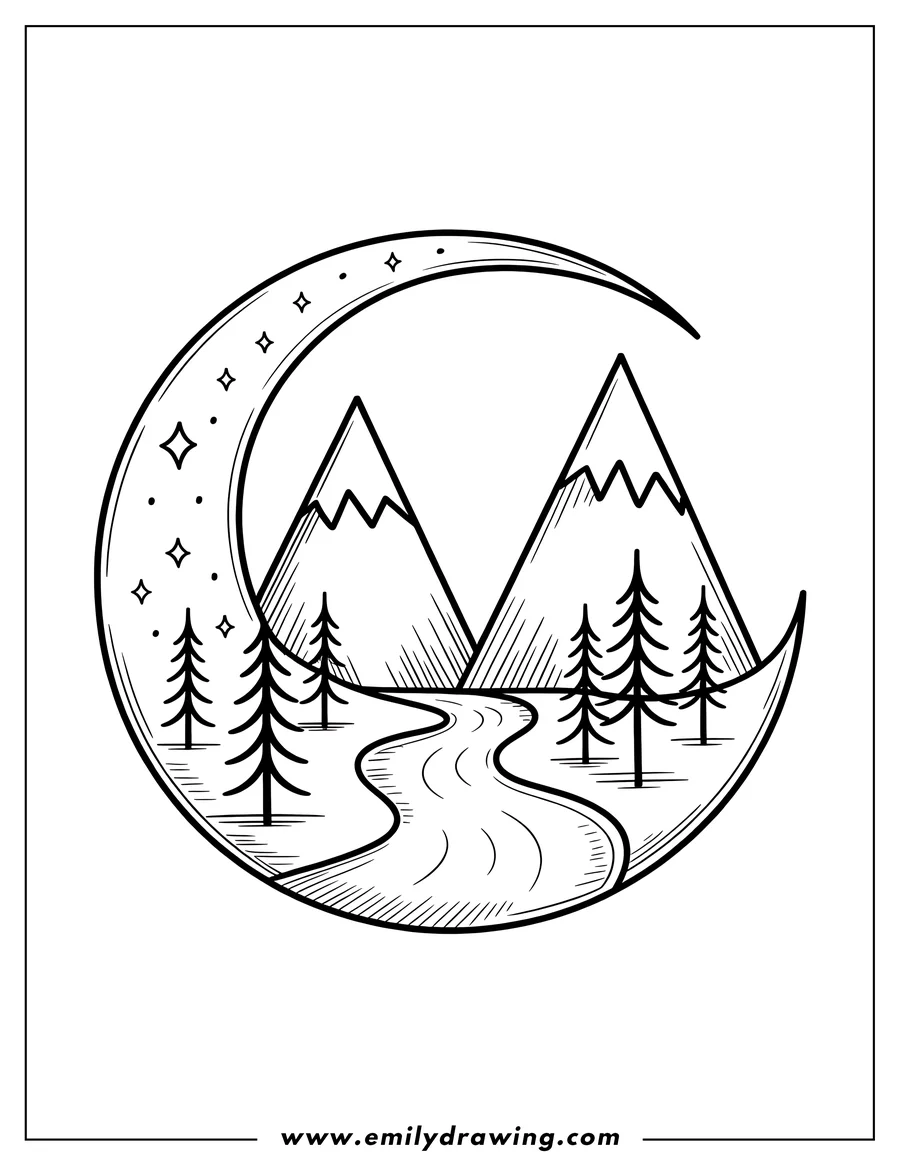 Line art of a crescent moon encompassing a serene landscape with mountains, a winding river, and pine trees.