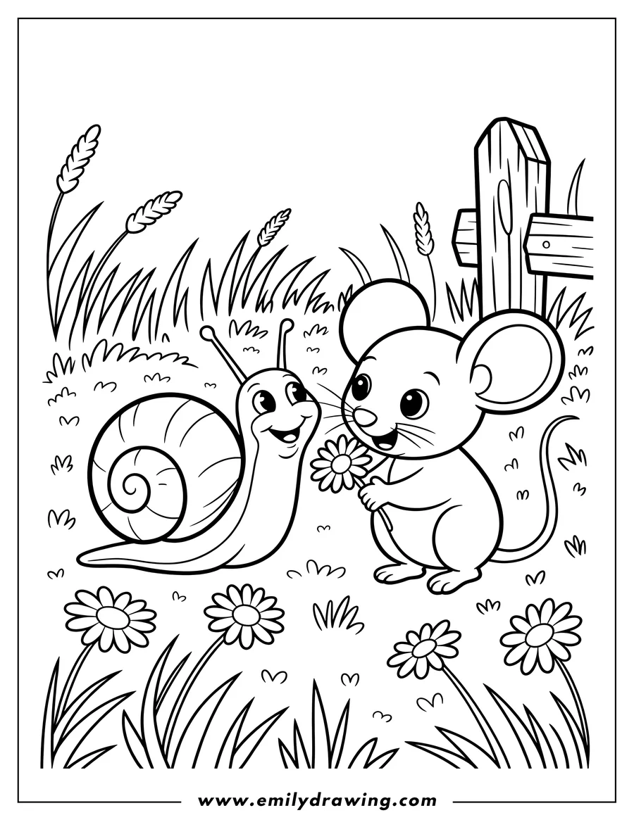 Outline of a mouse offering a flower to a snail in a field by a wooden fence.