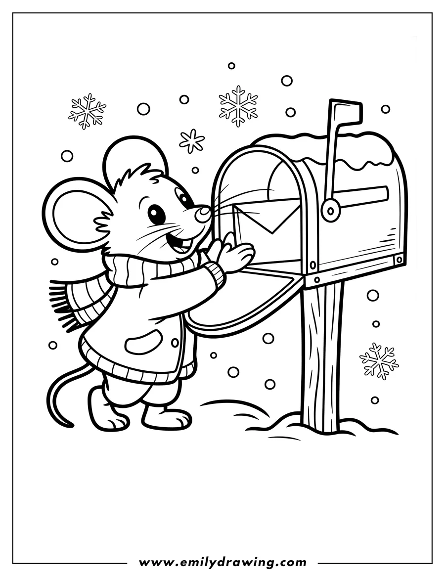 Line art of a mouse wearing a winter coat and scarf, placing a letter into a mailbox in the snow.
