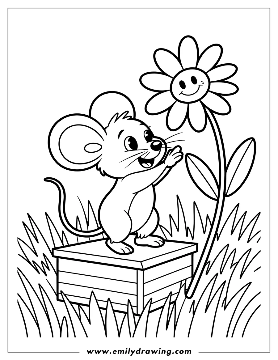 Outline of a mouse standing on a box, reaching towards a large flower with a smiling face.  The mouse and flower are surrounded by tall grass.