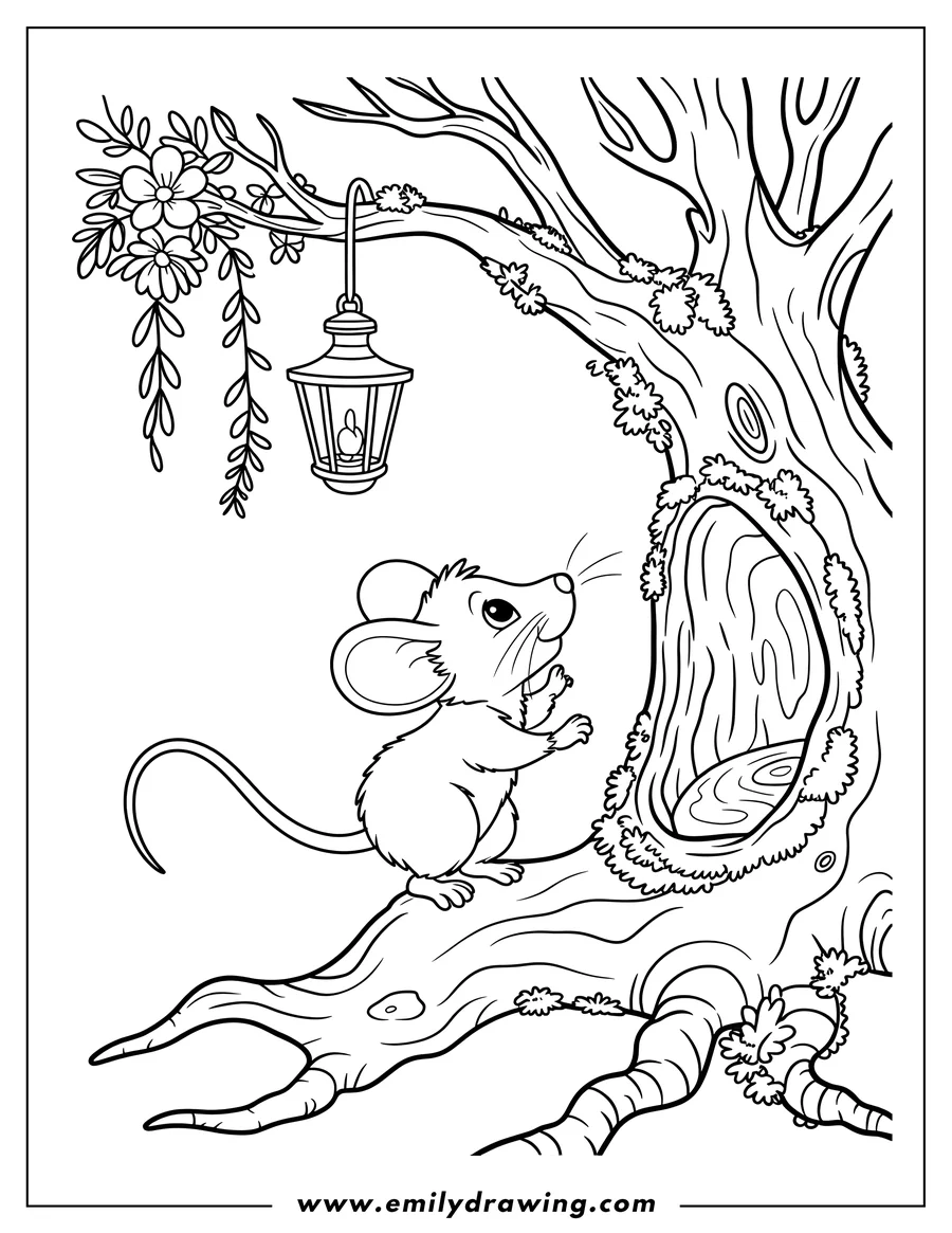 Outline of a mouse standing by the opening of a hollow in a large tree trunk. A lantern hangs from a branch above.